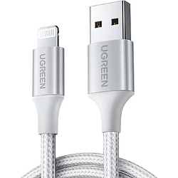 Кабель UGREEN US199-60161, USB-A 2.0 to Lightning, Apple, MFI certified, 2,4A, в нейлоновой оплётке, 1m, Silver