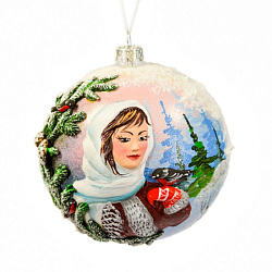 Шар елочный декоративный "Девушка и снегирь" d12 см, стекл., разноцветный