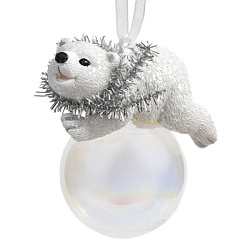 Украшение новогоднее "Мишка на шаре" 3,5*5*6 см, полирезин./стекло, белый