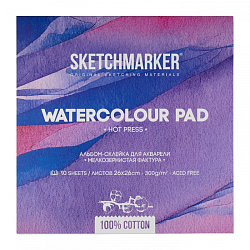 Блок бумаги для акварели "Sketchmarker" 100% хлопок, 26*26 см, 300 г/м2, 10 л., мелкозернистая