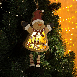 Подвеска декоративная светящаяся "Снеговик" 24*12 см, дерево, пластик, 4 LED, батарейка (в компл.), тепл. белый
