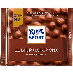 Шоколад молочный "Ritter Sport" 100 гр., с цельным лесным орехом