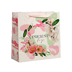 Пакет бумажный подарочный 30*30*12 см "Present for you", белый/розовый