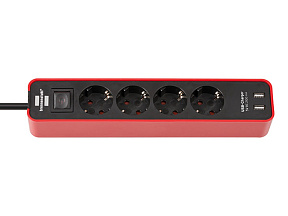 Удлинитель 1.5м (4 роз., 3.3кВт, с/з, 2 USB порта, выкл., ПВС) черный/красный Brennenstuhl Eco-Line (провод 3х1,5мм2, сила тока 16А, 2 USB порта, с/з 