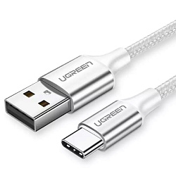 Кабель UGREEN US288-60131, USB-A 2.0 to Type C, 3A, в оплётке, 1m, White