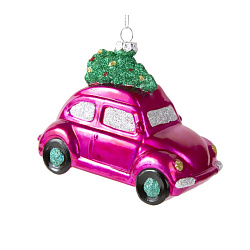 Украшение новогоднее "Машинка с елкой" 11,1*5,9*7,1 см, пласт., блистер., розовый/зеленый