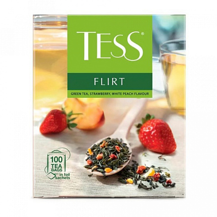 Чай "Tess" 100 пак*1,5 гр., зеленый, с белым персиком и клубникой, Flirt