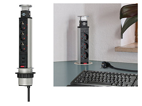 Удлинитель-башня 2м встраиваемый в столешницу (3 роз, 2 USB, H05VV-F 3G1.5) Brennenstuhl (вертикальный выдвижной настольный удлинитель для постоянного