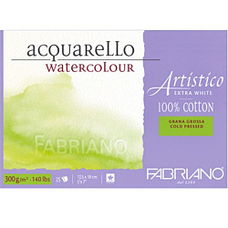 Блок-склейка бумаги для акварели "Artistico Extra White" 100% хлопок, хол. пресс, 12,5*18 см, 300 г/м2, 25 л.
