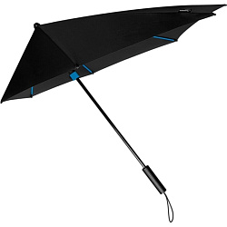 Зонт-трость механ.,  ручка пласт. "ST-12-BLUE" аэродинамический противоштормовой, в чехле, черный/голубой