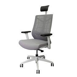 Кресло д/руководителя Nature II, каркас белый,подголовник,ткань серая,3D подлокотники,слайдер