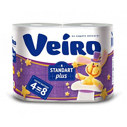 Бумага туалетная  Veiro Standart Plus, 4 рул, цв.белый, 2-сл.