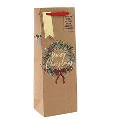 Пакет бумажный подарочный 12,7*9*35,5 см "Xmas Wreath Kraft" д/бутылки