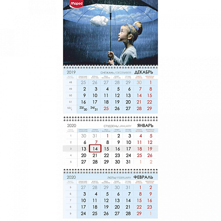Календарь настен., А4 "Exacompta" на 3-х спиралях, 2020
