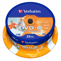 диск DVD-R 4,7 Гб запис. 16х. 25 шт. на шпинд. AZO Wide Inkjet Printable (Область печати: 21-118mm) Verbatim