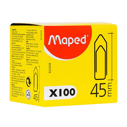 Скрепки 45 мм "Maped" никел., 100 шт., треуг., серебристый