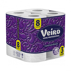 Бумага туалетная  Veiro Home Professional в стандартных рулонах, 8 рул, 15м, 3-сл.