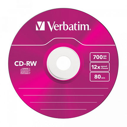 диск CD-RW 700 Мб  8-12х перезапис. Slim Verbatim цветн. 5 шт в уп.